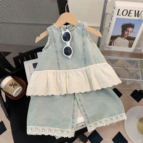 Quần áo bé gái, set áo sát nách kèm quần suông chất jean tone xanh nhạt cho bé 12-30kg
