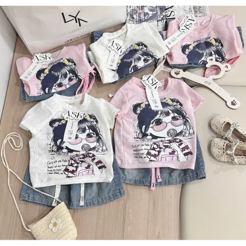 Quần áo bé gái, set áo ren cotton cô gái kẹo mút kèm quần jean lửng cho bé 9-27kg