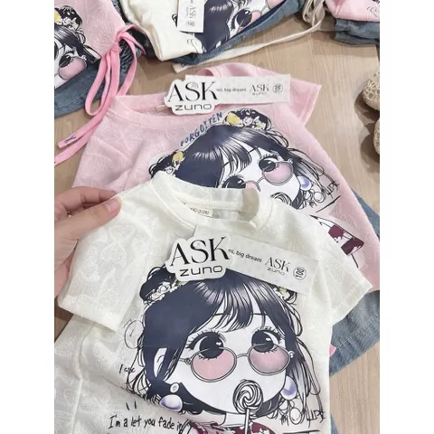 Quần áo bé gái, set áo ren cotton cô gái kẹo mút kèm quần jean lửng cho bé 9-27kg