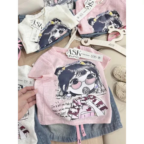 Quần áo bé gái, set áo ren cotton cô gái kẹo mút kèm quần jean lửng cho bé 9-27kg