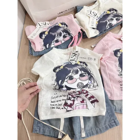 Quần áo bé gái, set áo ren cotton cô gái kẹo mút kèm quần jean lửng cho bé 9-27kg