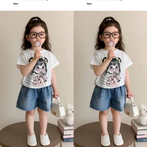 Quần áo bé gái, set áo ren cotton cô gái kẹo mút kèm quần jean lửng cho bé 9-27kg