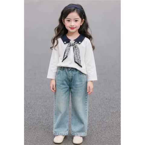 Quần áo bé gái, set áo sơ mi kèm khăn lụa phối quần Jean ống suông rộng dài cho bé 10-35kg