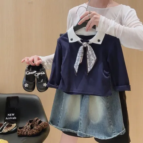Quần áo bé gái, set áo sơ mi kèm khăn lụa phối quần Jean ống suông rộng dài cho bé 10-35kg