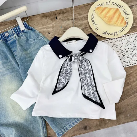 Quần áo bé gái, set áo sơ mi kèm khăn lụa phối quần Jean ống suông rộng dài cho bé 10-35kg