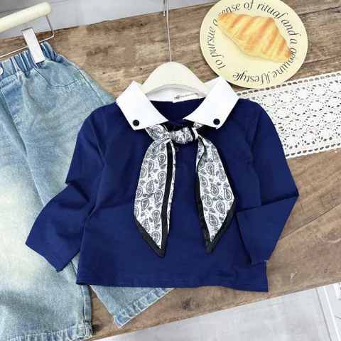 Quần áo bé gái, set áo sơ mi kèm khăn lụa phối quần Jean ống suông rộng dài cho bé 10-35kg