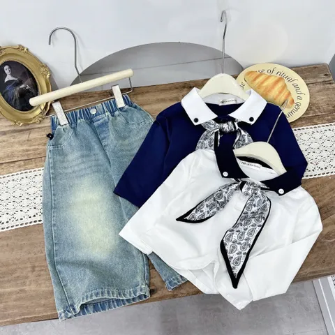 Quần áo bé gái, set áo sơ mi kèm khăn lụa phối quần Jean ống suông rộng dài cho bé 10-35kg