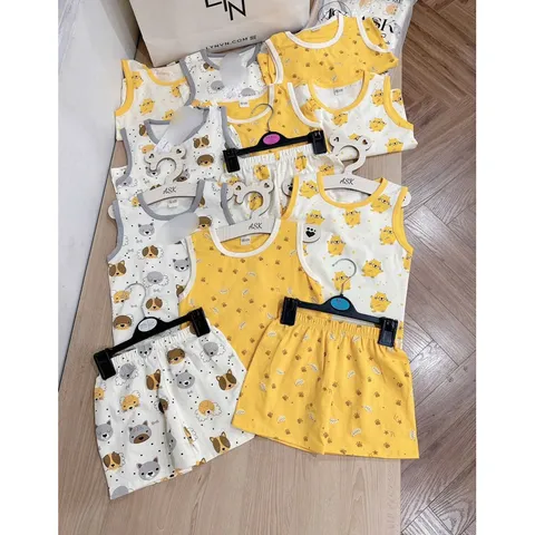 Quần áo trẻ em, set bộ ba lỗ chất cotton mềm mát cho bé trai và bé gái từ 9-26kg