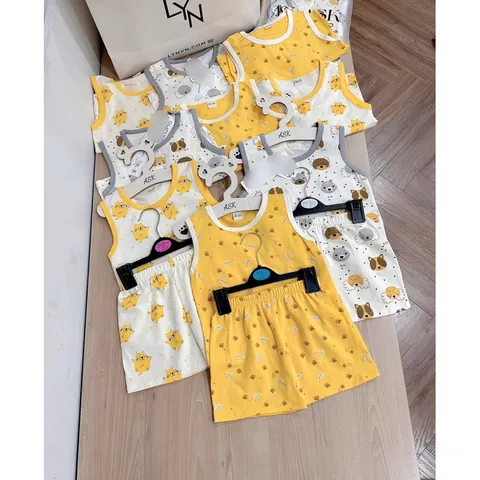 Quần áo trẻ em, set bộ ba lỗ chất cotton mềm mát cho bé trai và bé gái từ 9-26kg