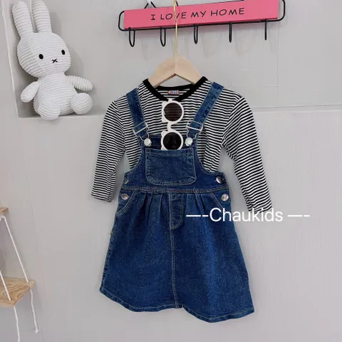 Váy cho bé gái, set váy yếm bò kèm áo kẻ dài tay mềm mại cho bé