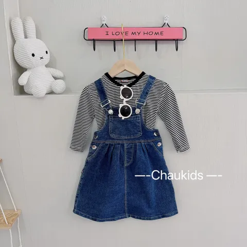 Váy cho bé gái, set váy yếm bò kèm áo kẻ dài tay mềm mại cho bé