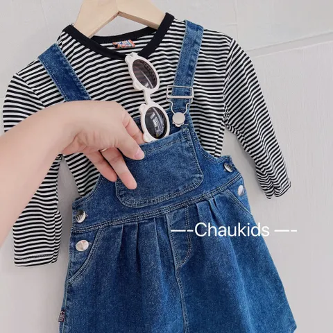 Váy cho bé gái, set váy yếm bò kèm áo kẻ dài tay mềm mại cho bé