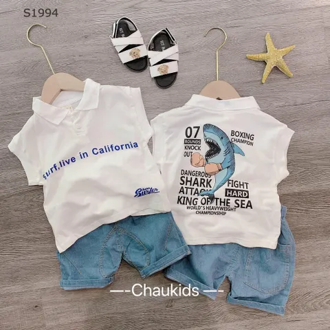 Quần áo bé trai, set bộ quần áo cotton cổ trụ tay hến phối quần short jean mềm họa tiết cá mập cho bé