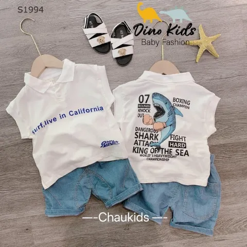 Quần áo bé trai, set bộ quần áo cotton cổ trụ tay hến phối quần short jean mềm họa tiết cá mập cho bé
