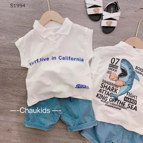 Quần áo bé trai, set bộ quần áo cotton cổ trụ tay hến phối quần short jean mềm họa tiết cá mập cho bé