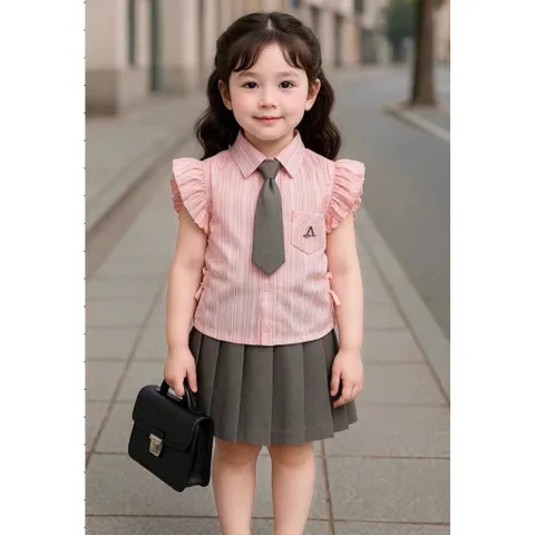 Đồng phục học sinh, set áo sơ mi kẻ kèm cà vạt và chân váy xếp ly sz 14-32kg