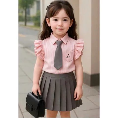 Đồng phục học sinh, set áo sơ mi kẻ kèm cà vạt và chân váy xếp ly sz 14-32kg