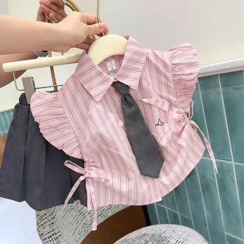 Đồng phục học sinh, set áo sơ mi kẻ kèm cà vạt và chân váy xếp ly sz 14-32kg
