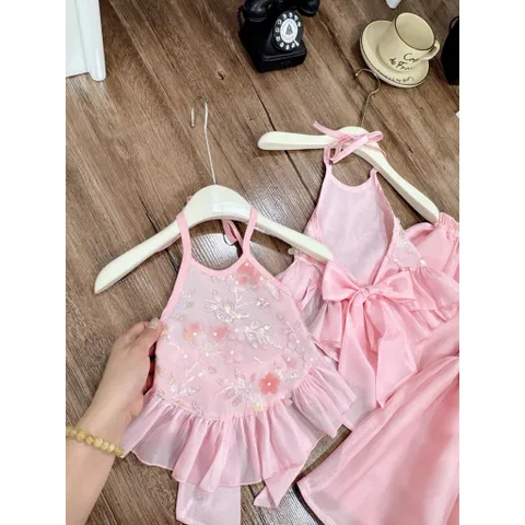 Váy bé gái, set áo yếm thân thêu kim sa kèm chân váy cho bé 10-30kg