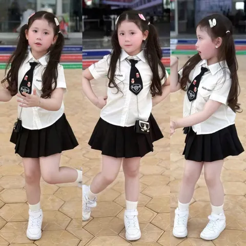 Đồng phục học sinh, set đồng phục bé gái: áo sơ mi, chân váy xếp ly và cà vạt HELLO KITTY cho bé 12-35kg