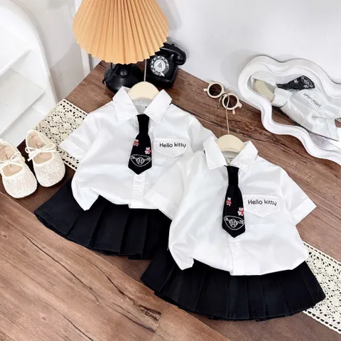 Đồng phục học sinh, set đồng phục bé gái: áo sơ mi, chân váy xếp ly và cà vạt HELLO KITTY cho bé 12-35kg