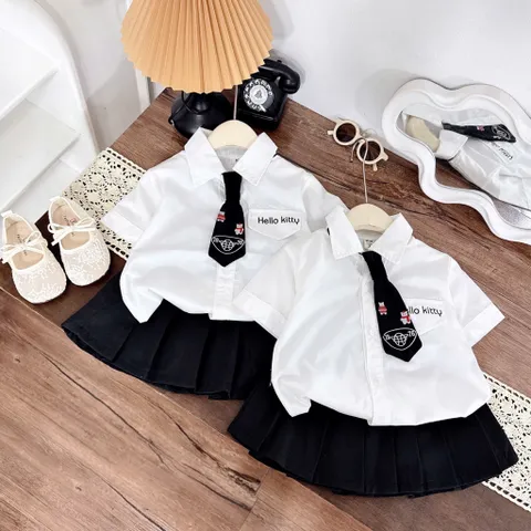 Đồng phục học sinh, set đồng phục bé gái: áo sơ mi, chân váy xếp ly và cà vạt HELLO KITTY cho bé 12-35kg