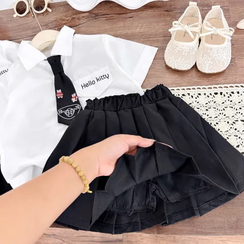 Đồng phục học sinh, set đồng phục bé gái: áo sơ mi, chân váy xếp ly và cà vạt HELLO KITTY cho bé 12-35kg