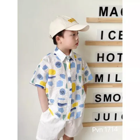 Bộ cộc tay bé trai, bộ đũi áo cổ tàu hoa lá mát lạnh cho bé đi biển cho bé
