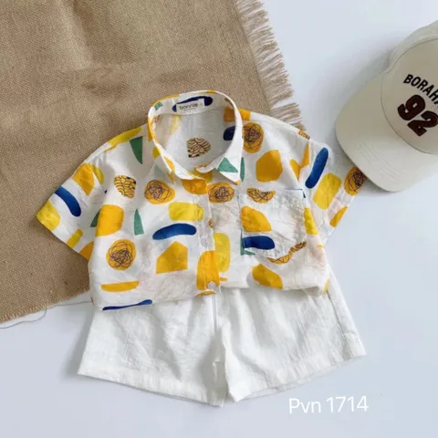 Bộ cộc tay bé trai, bộ đũi áo cổ tàu hoa lá mát lạnh cho bé đi biển cho bé