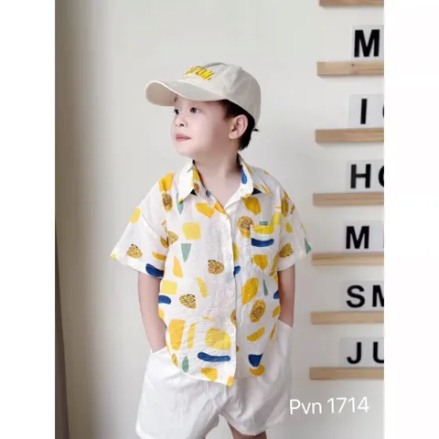 Bộ cộc tay bé trai, bộ đũi áo cổ tàu hoa lá mát lạnh cho bé đi biển cho bé