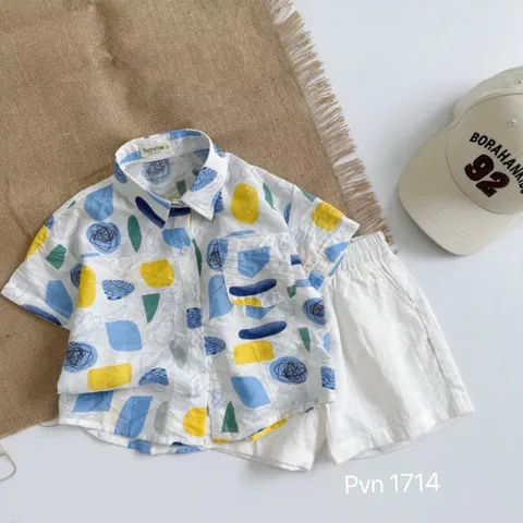 Bộ cộc tay bé trai, bộ đũi áo cổ tàu hoa lá mát lạnh cho bé đi biển cho bé