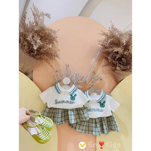 Đồng phục học sinh, cặp đồng phục bé trai, bé gái, set áo polo thêu thỏ xanh kèm chân váy kẻ/ quần short cho bé 10-28kg