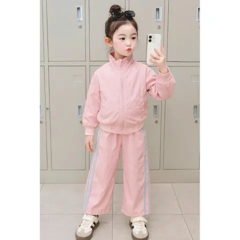 Set bộ gió cổ trụ 2 lớp cho bé – Áo khóa kéo + quần suông thời trang, chất gió nhăn mềm mại, size 10–40kg