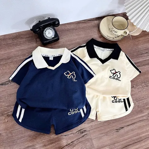 Quần áo bé trai, set bộ quần áo cộc tay chất cotton thêu hình chú chó COOL cho bé 10-30kg