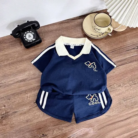 Quần áo bé trai, set bộ quần áo cộc tay chất cotton thêu hình chú chó COOL cho bé 10-30kg