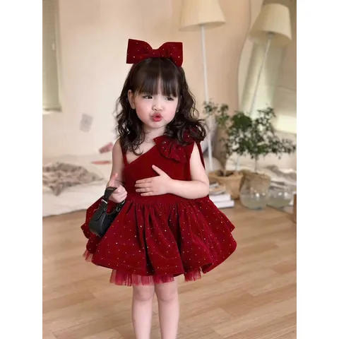 Váy bé gái, váy nhung kim tuyến đỏ lệch vai bồng bềnh cho bé 10-30kg