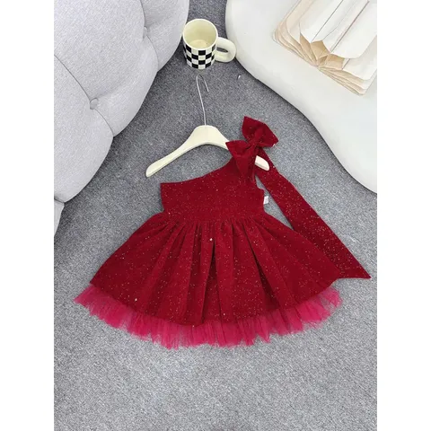 Váy bé gái, váy nhung kim tuyến đỏ lệch vai bồng bềnh cho bé 10-30kg
