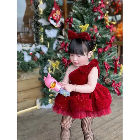 Váy bé gái, váy nhung kim tuyến đỏ lệch vai bồng bềnh cho bé 10-30kg