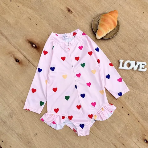 Đồ bơi cho bé, bikini liền dài tay họa tiết Cherrry và hình tim cho bé 10-30kg