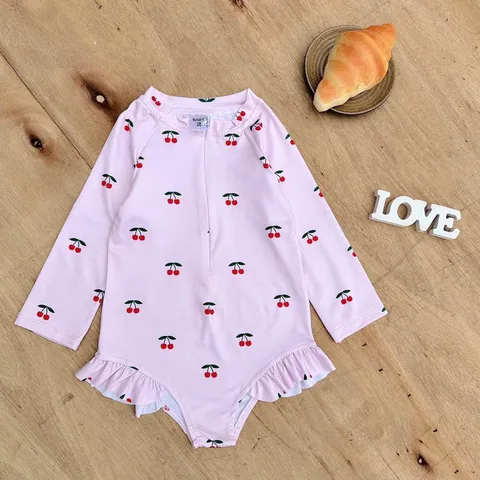 Đồ bơi cho bé, bikini liền dài tay họa tiết Cherrry và hình tim cho bé 10-30kg