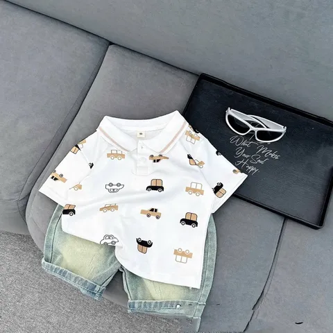 Quần áo cộc tay bé trai, set bộ áo polo họa tiết ô tô kèm quần short jean cho bé 10-30kg
