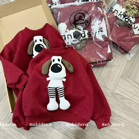Áo nỉ Noel cho bé, áo nỉ 2 da đỏ thêu đắp chú chó bông siêu xinh cho bé trai và bé gái size 8-30kg