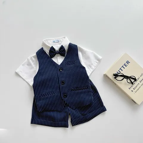 Quần áo bé trai, set bộ công tử 4ct: áo sơ mi, quẩn short, áo Gile và nơ cho bé 10-30kg