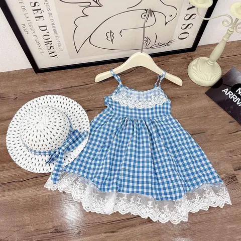 Váy bé gái, sét vầy 2 dây caro xanh dương tặng kèm mũ vành rộng cho bé 10-30kg