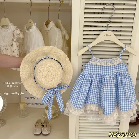 Váy bé gái, sét vầy 2 dây caro xanh dương tặng kèm mũ vành rộng cho bé 10-30kg