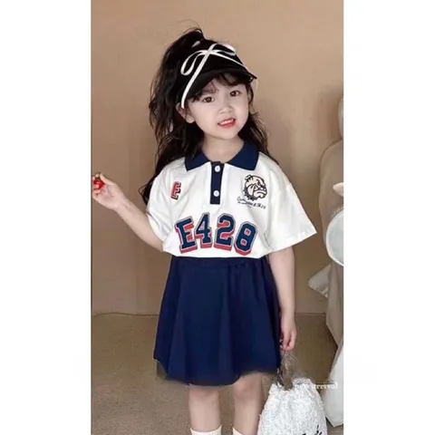 XẢ HÀNG Váy bé gái, set áo cotton có cổ E428 phối chân váy xếp ly cho bé 10-30kg