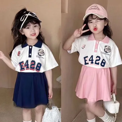 XẢ HÀNG Váy bé gái, set áo cotton có cổ E428 phối chân váy xếp ly cho bé 10-30kg