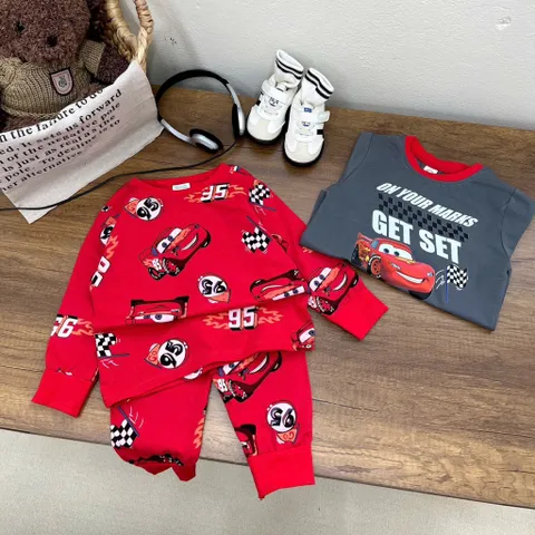 Quần áo dài tay, det bộ thu đông chất cotton dài tay hoạ tiết oto MCQueen cho bé trai 6-27kg