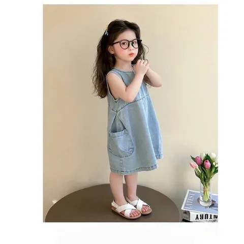 Váy bé gái, váy Denim dáng suông sát nách xinh xắn cho bé 10-30kg