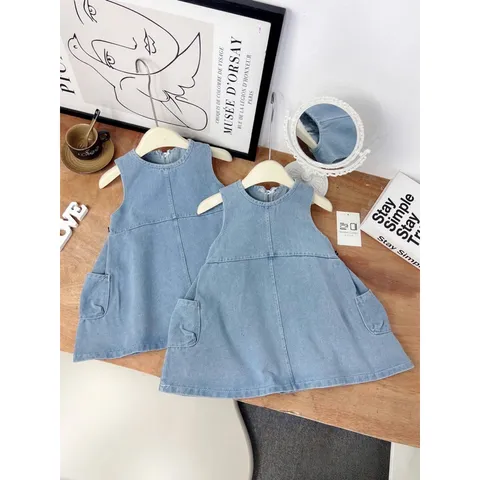 Váy bé gái, váy Denim dáng suông sát nách xinh xắn cho bé 10-30kg